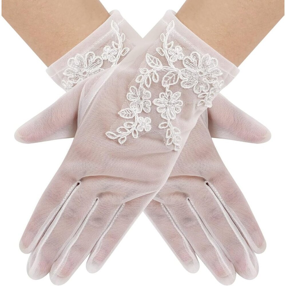 Women's Lvory 06 Floral Short Length Lace Tulle Mesh Wrist Wedding Party Gloves